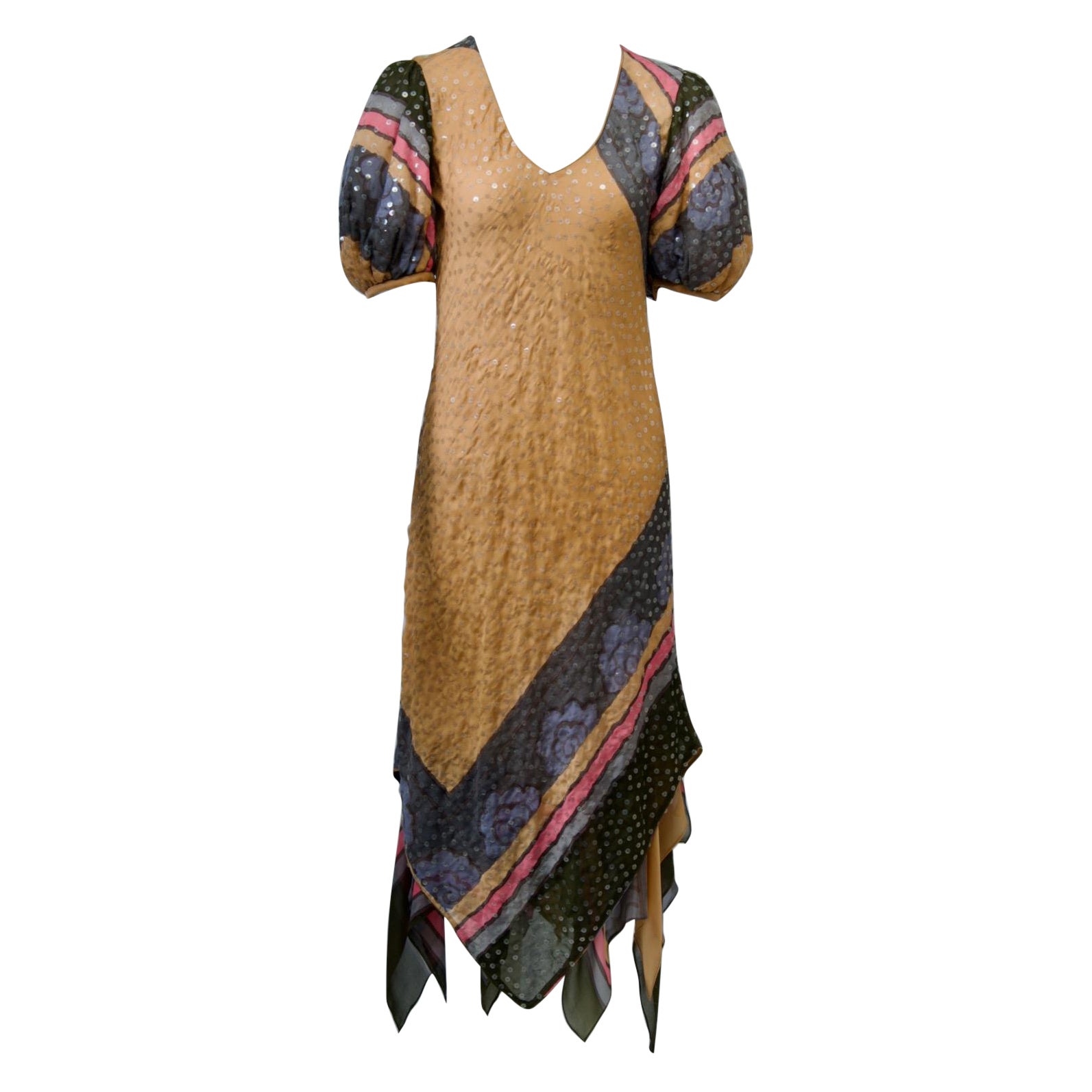 Judy Hornby Multicolor Silk Dress with Handkerchief Hem For Sale