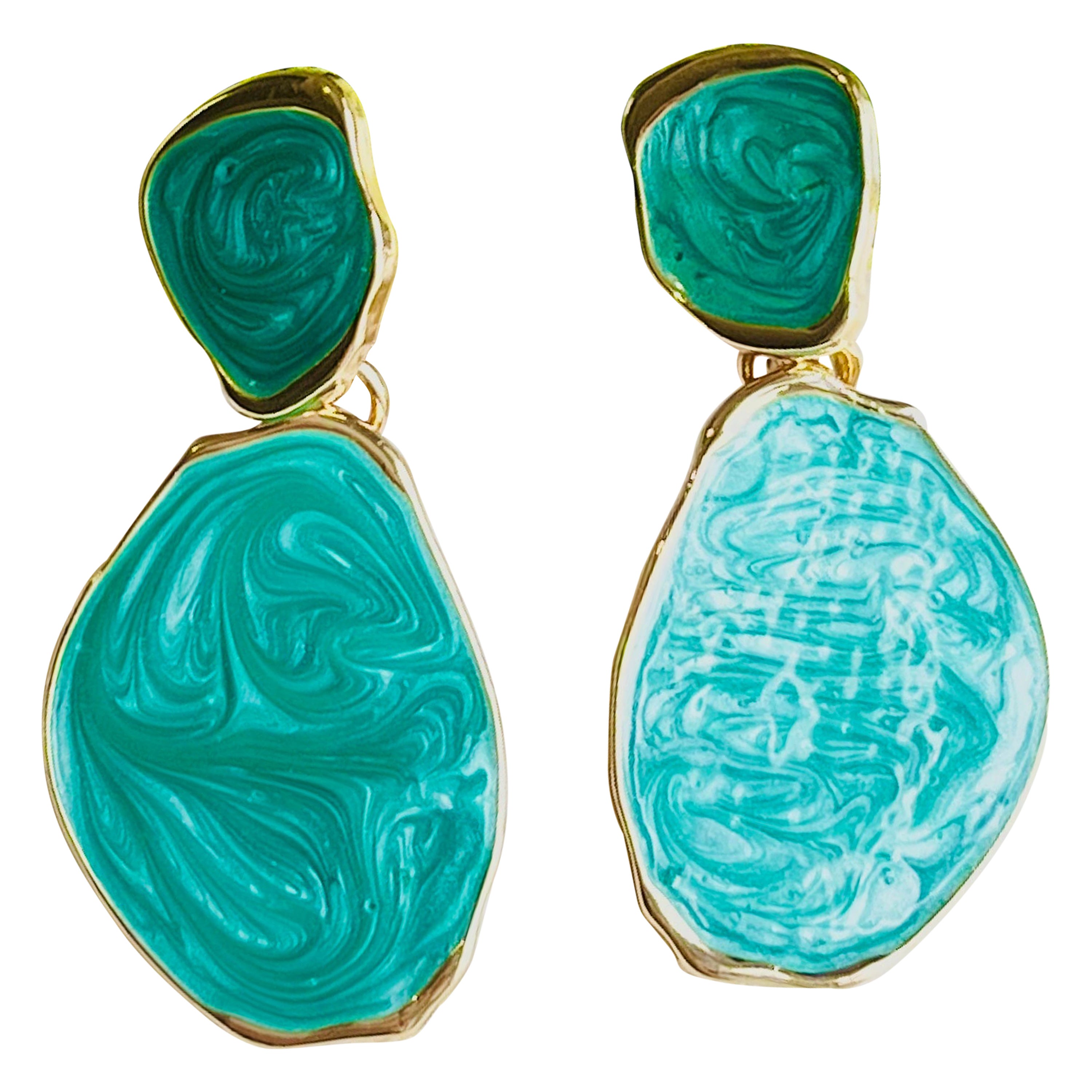Green Irregular Oval Textured Ripple Enamel Retro Gold Drop Clip On Earrings  For Sale
