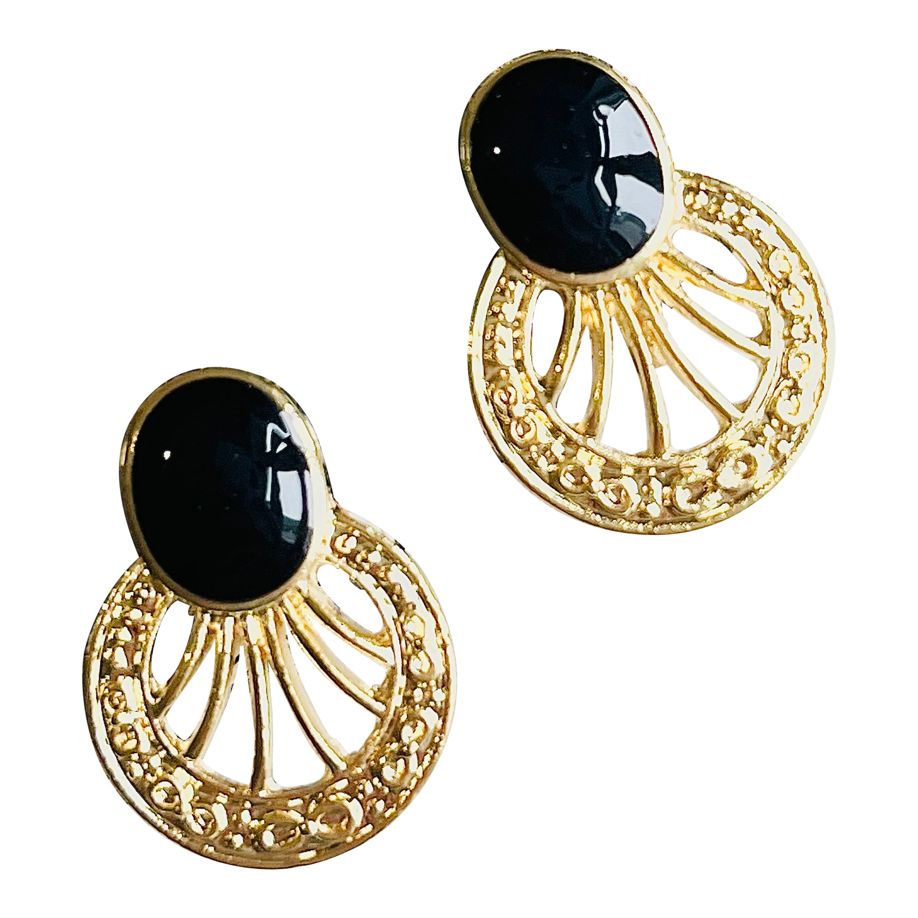 Eventail en émail noir ovale ajouré Cercle creux Or  Retro Elegance Clips Earrings