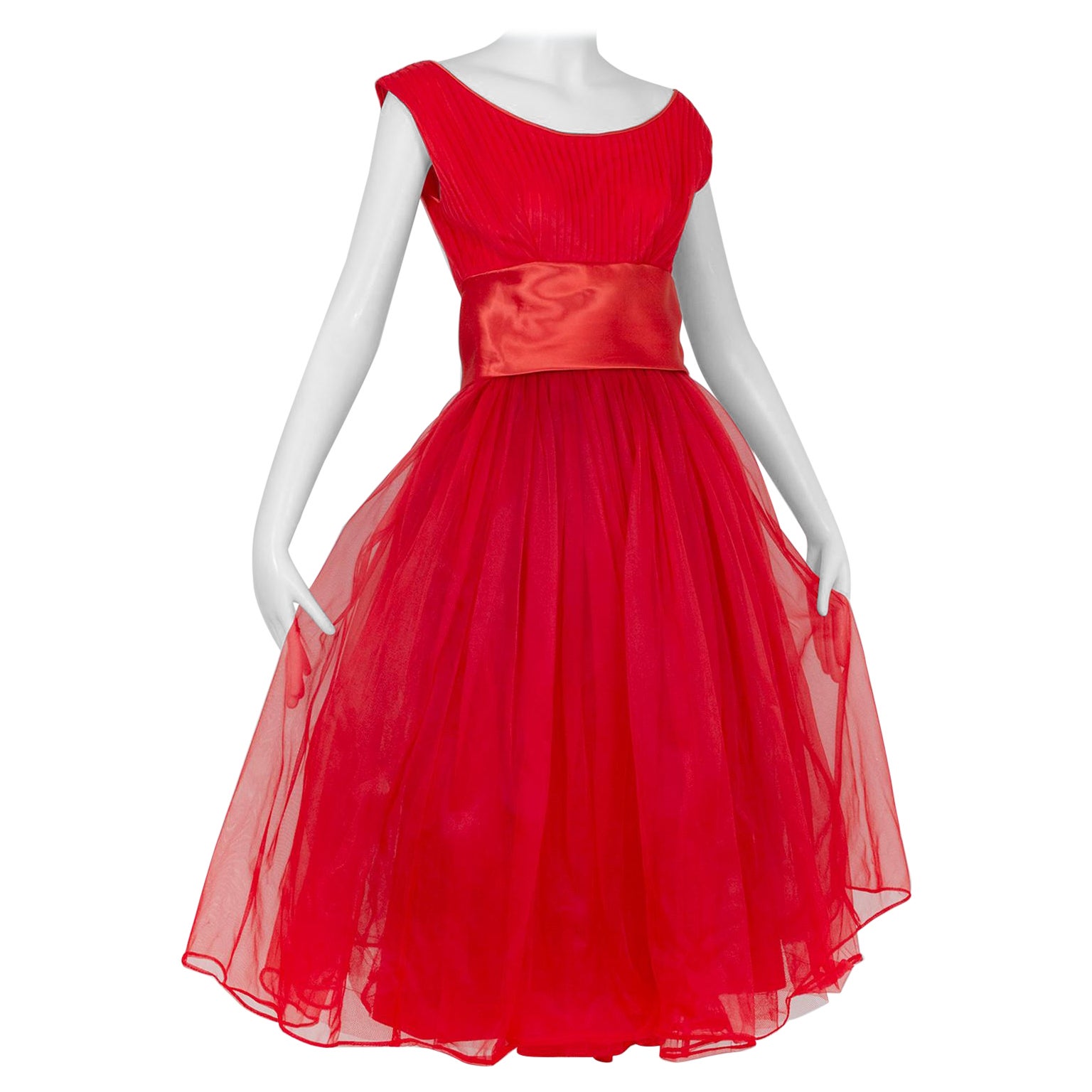 Emma Domb Red Bib Front Ballerina Party Dress with Satin Cummerbund – S, 1950s For Sale