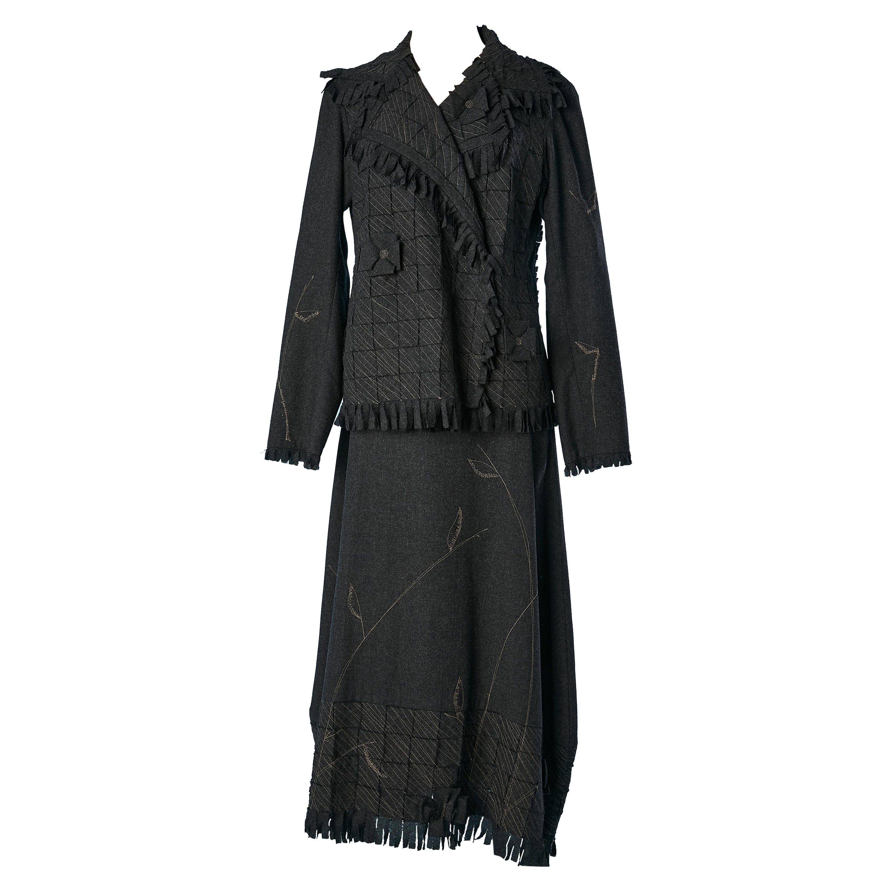 Grey wool patchwork and top-stitched skirt and jacket ensemble HEART HAAT