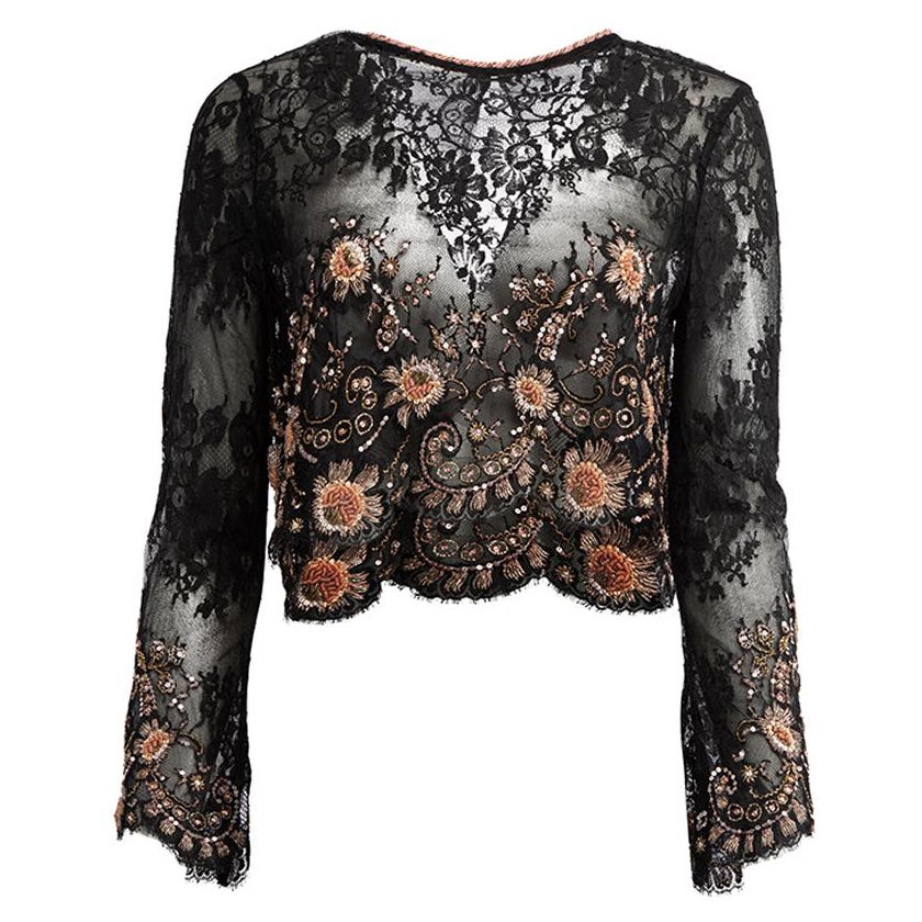 Black Lace Bead Embellished Cropped Top Size S