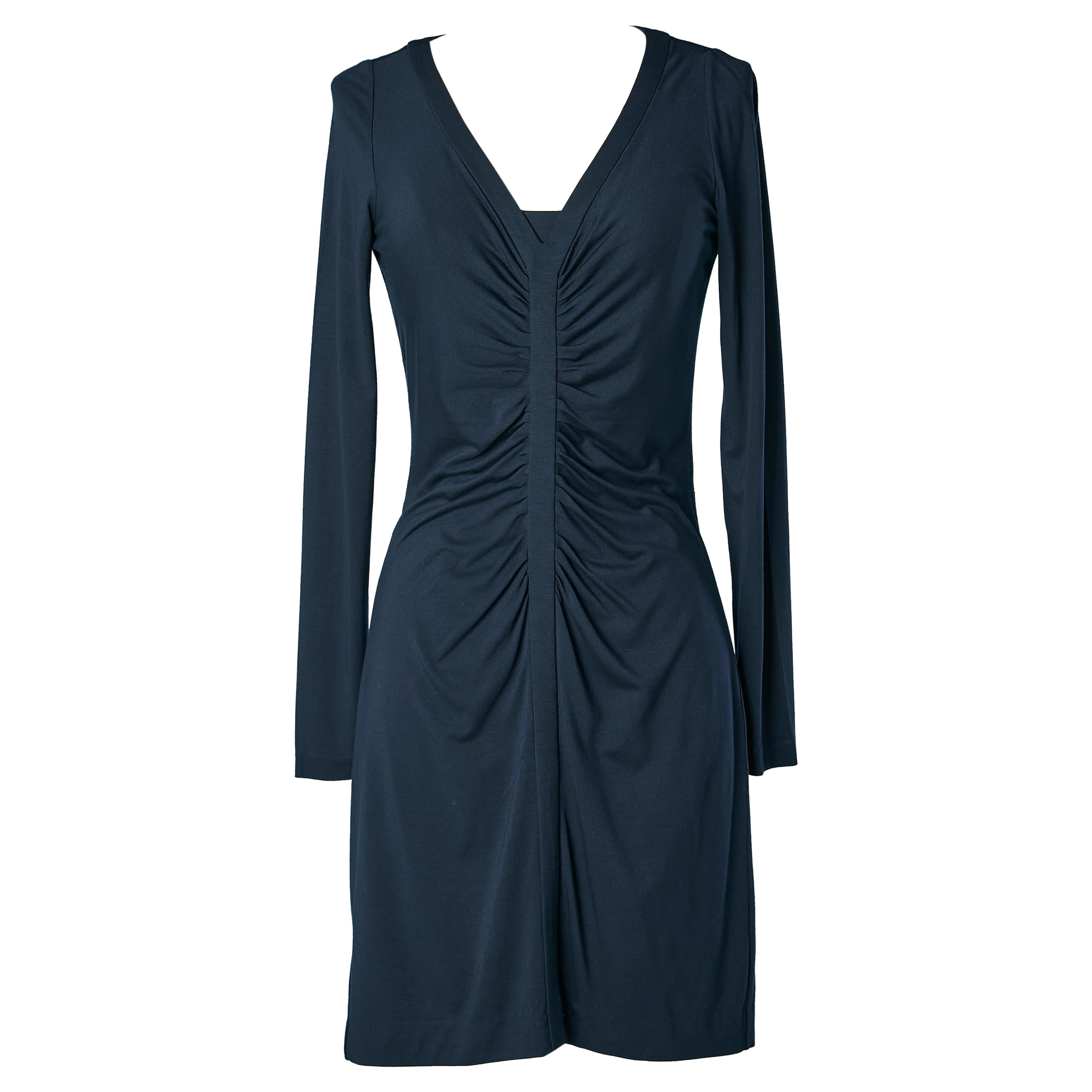 Navy blue cotton jersey dress draped in the front Diane Von Furstenberg  For Sale