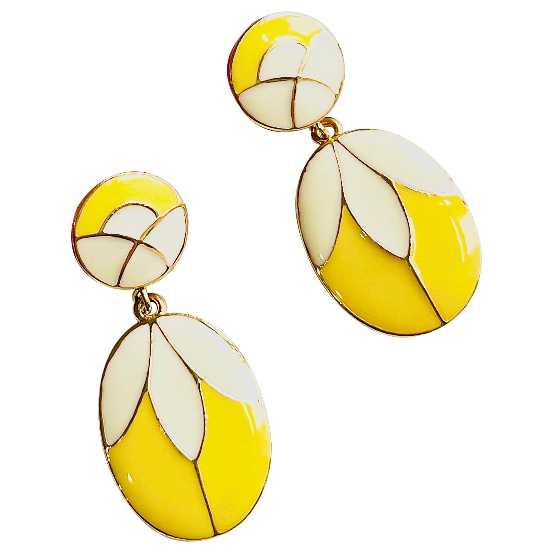 Yellow Ecru Round Oval Petal Flower Patchwork Pendant Gold Drop Clip Earrings For Sale