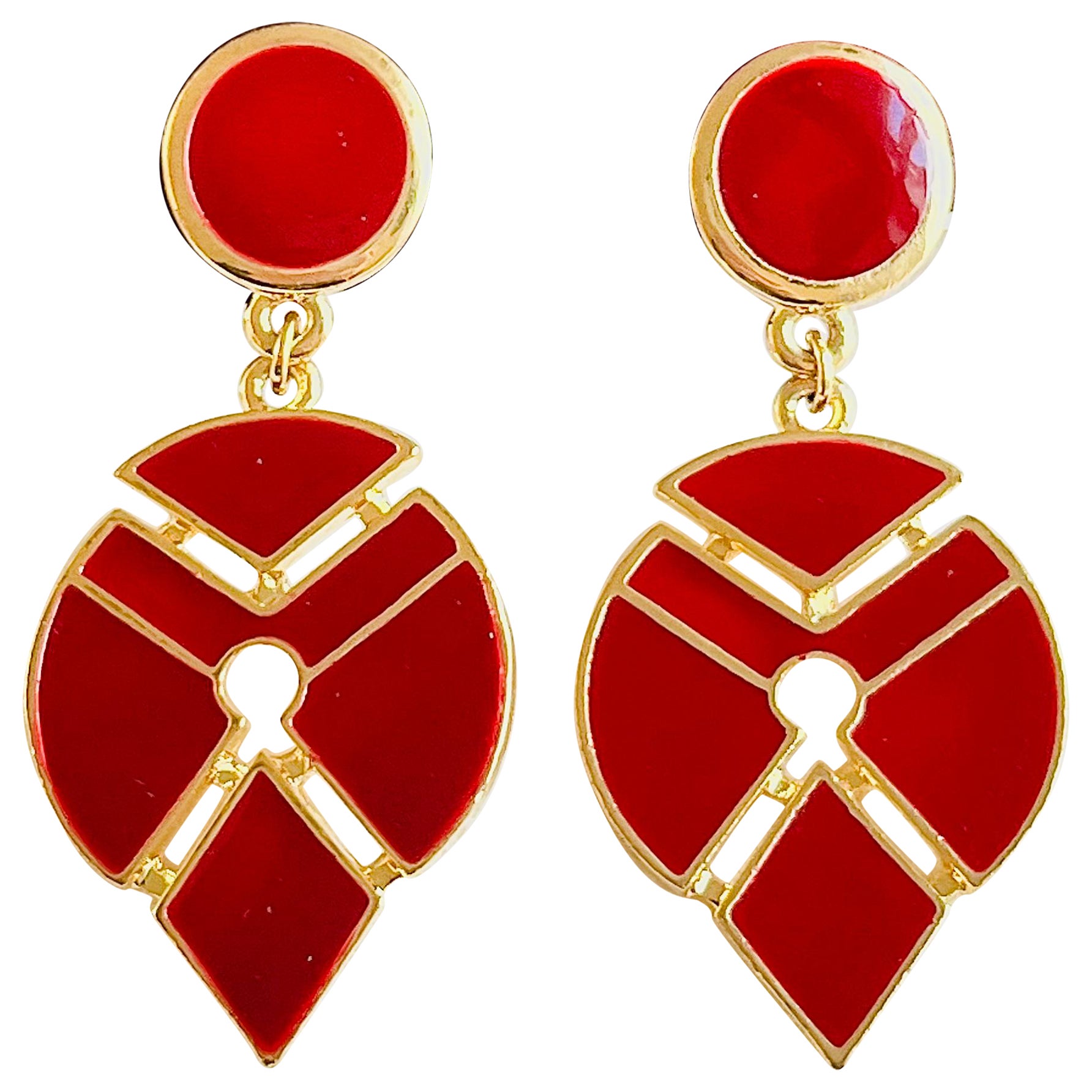 Large Burgundy Red Enamel Geometric Modernist Water Tear Drop Gold Clip Earrings For Sale