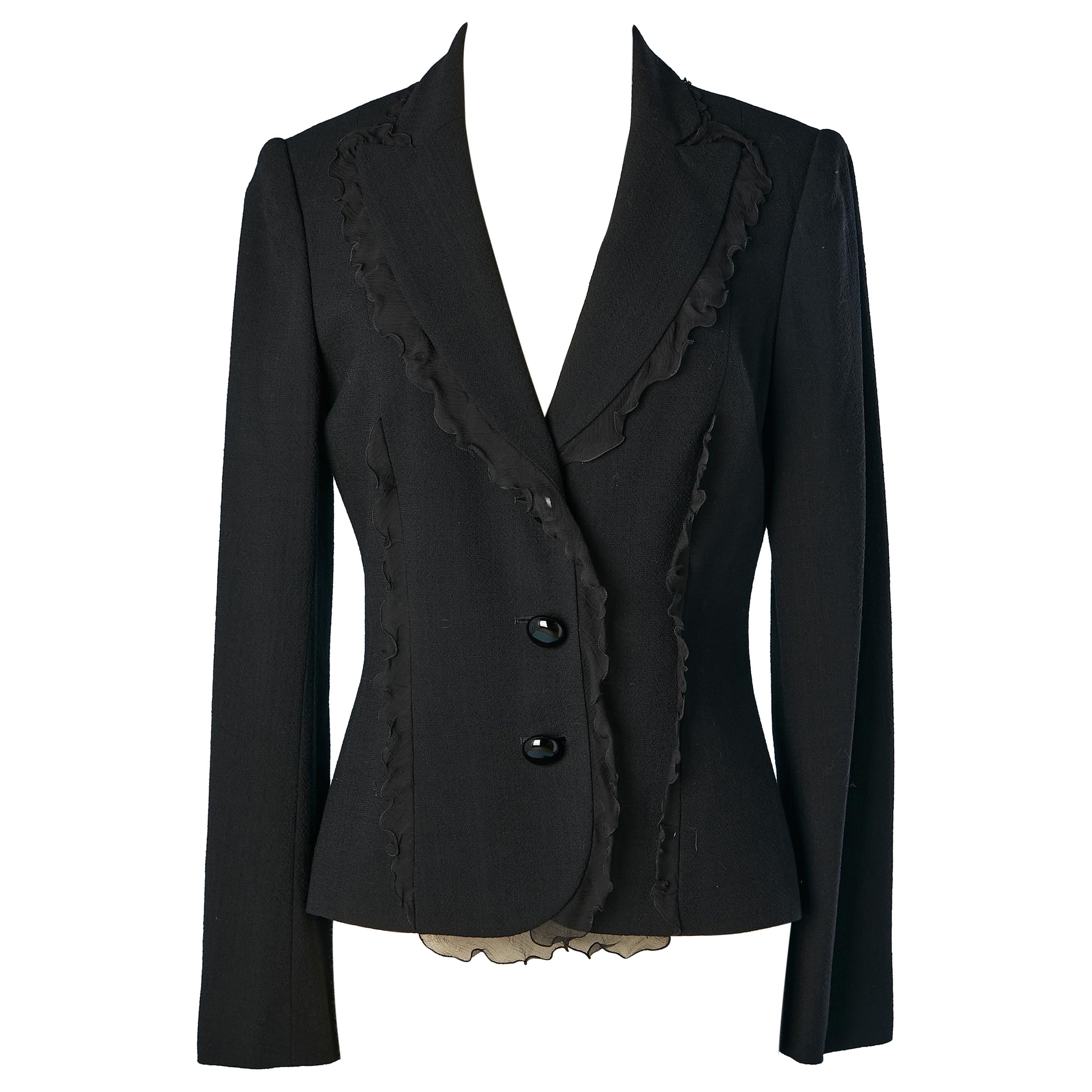 Black wool jacket with black silk chiffon ruffles Moschino Cheap and Chic  For Sale