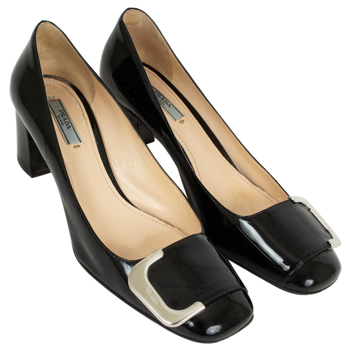 Prada Black Patent Block Heel Buckle Toe Loafer Pumps – 38.5, 2006 For Sale