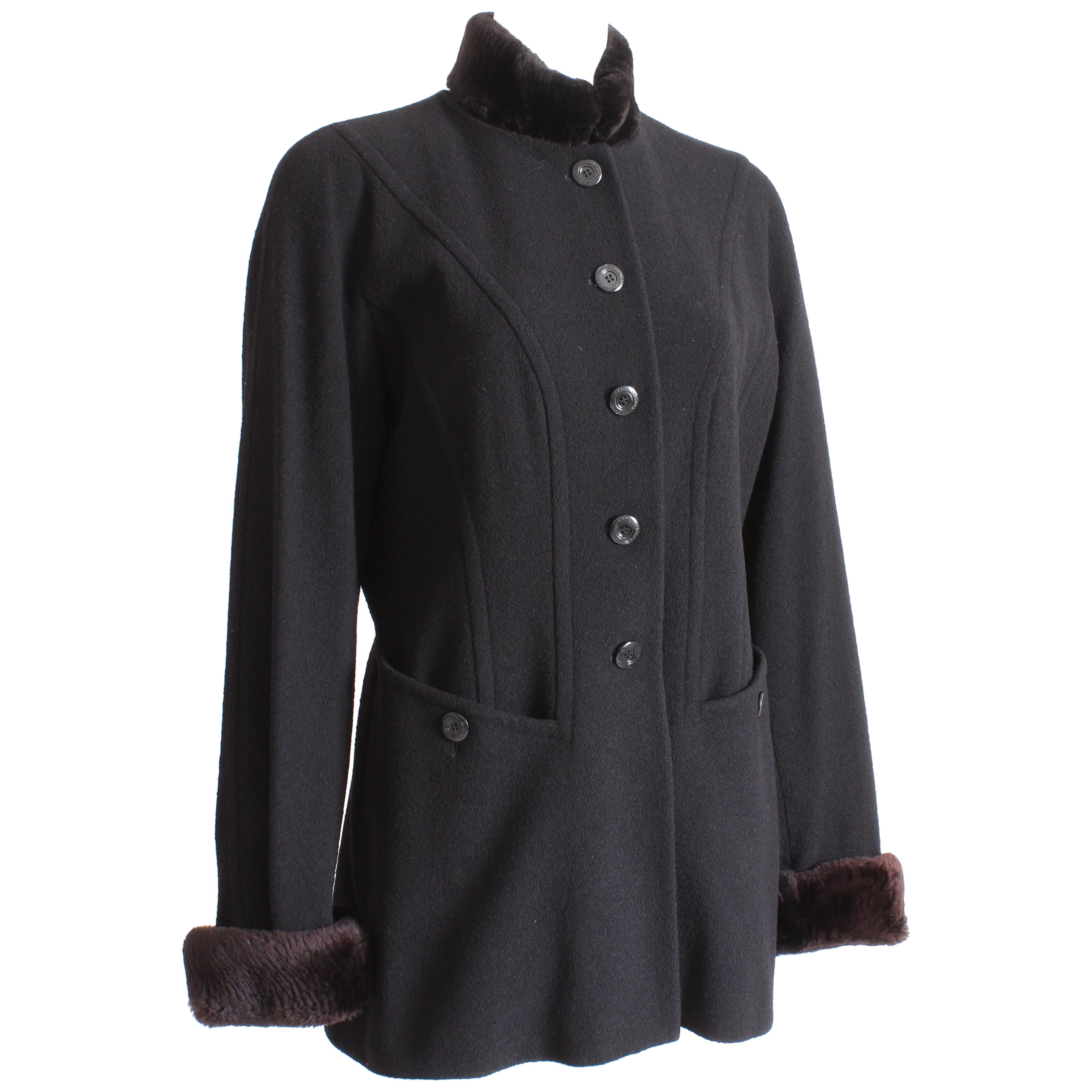 Escada Jacket Coat Black Wool Blend Removable Sheared Beaver Fur Trim Vintage 40 For Sale