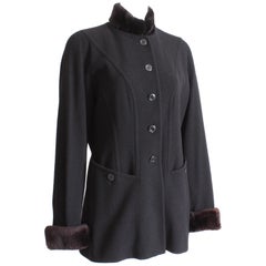 Escada Jacket Coat Black Wool Blend Removable Sheared Beaver Fur Trim Vintage 40