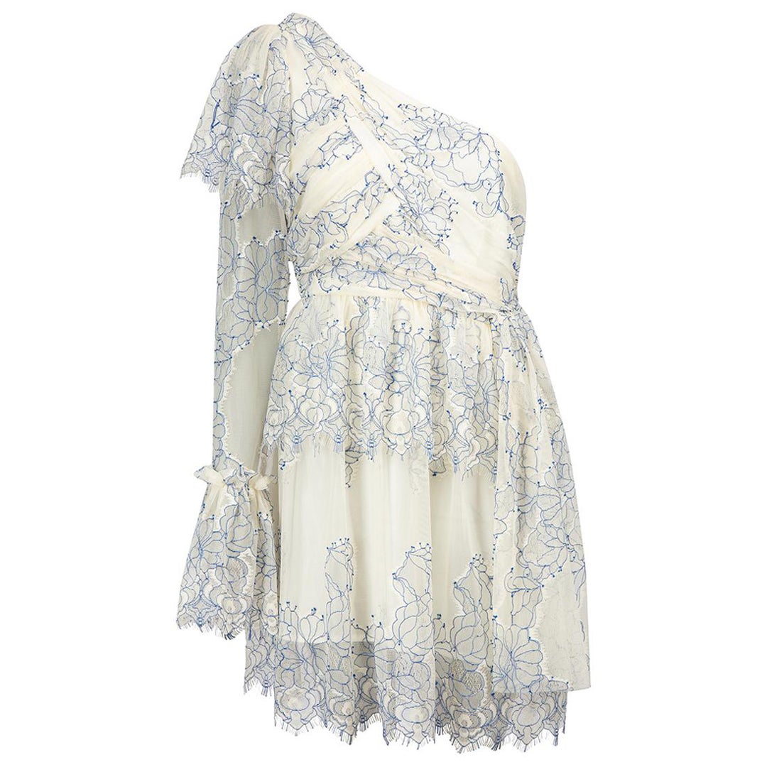 Cream & Blue Floral Mesh Lovely Mini Dress Size L For Sale