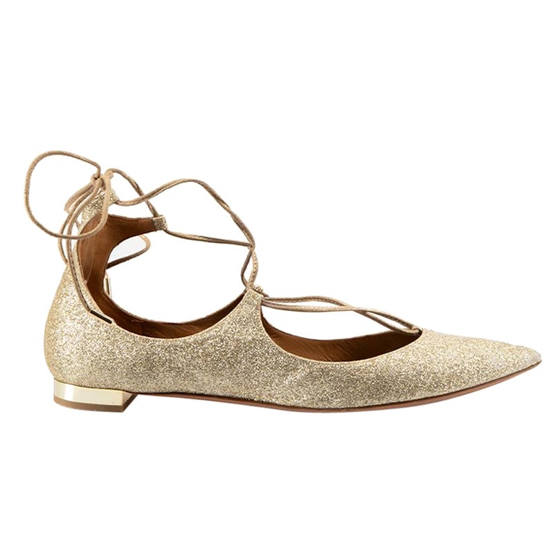 Gold Glitter Christy Lace Point Flats Size IT 40 For Sale