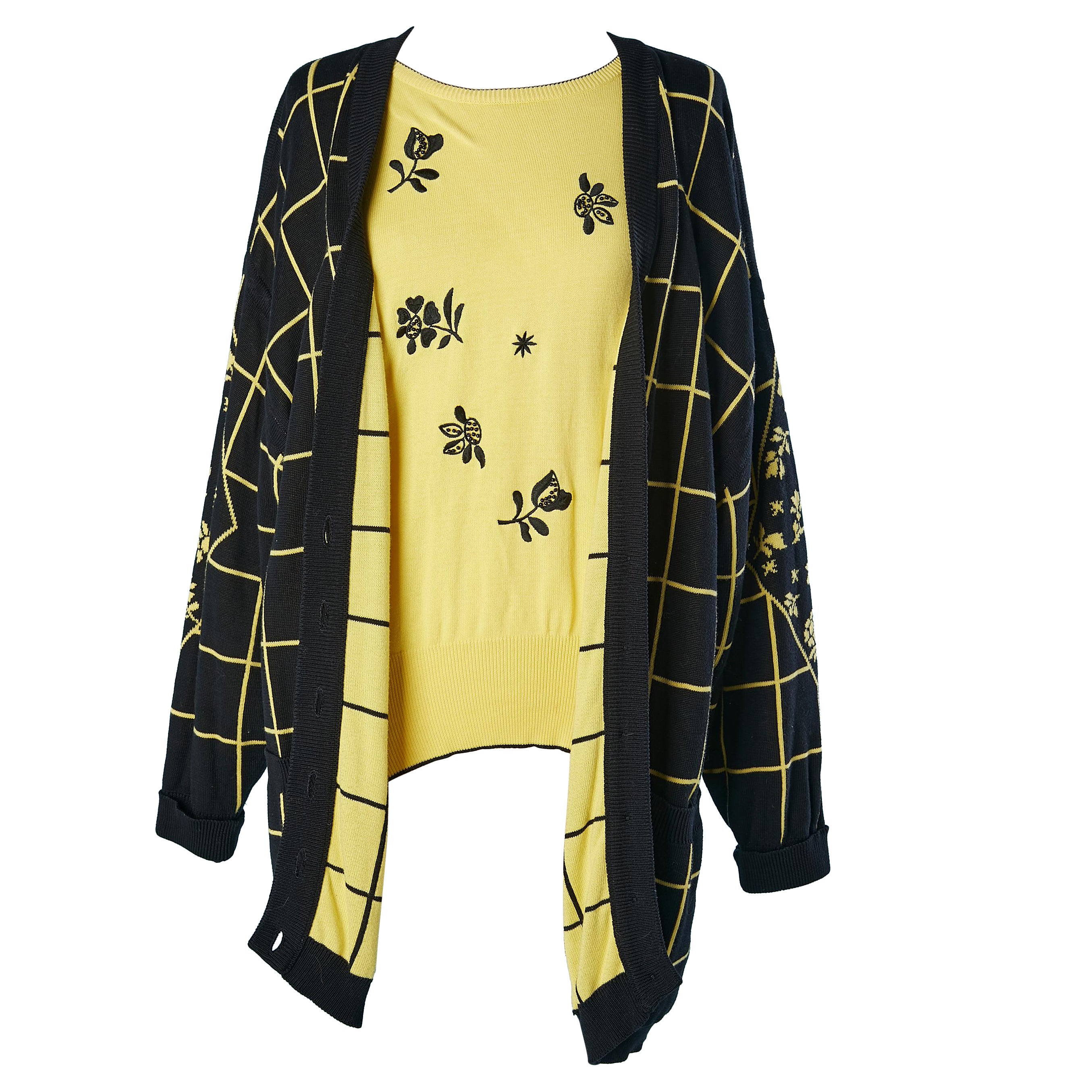 Black and yellow twin-set with flowers and check pattern Escada by M. Ley  For Sale