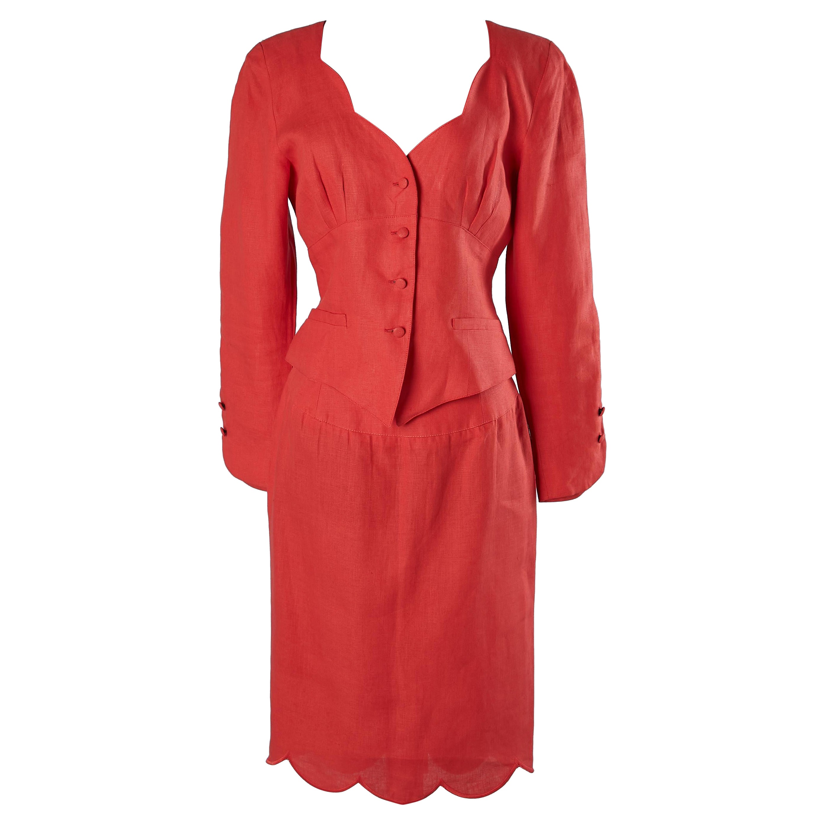 Red linen skirt-suit with cut-work Lolita Lempicka  For Sale