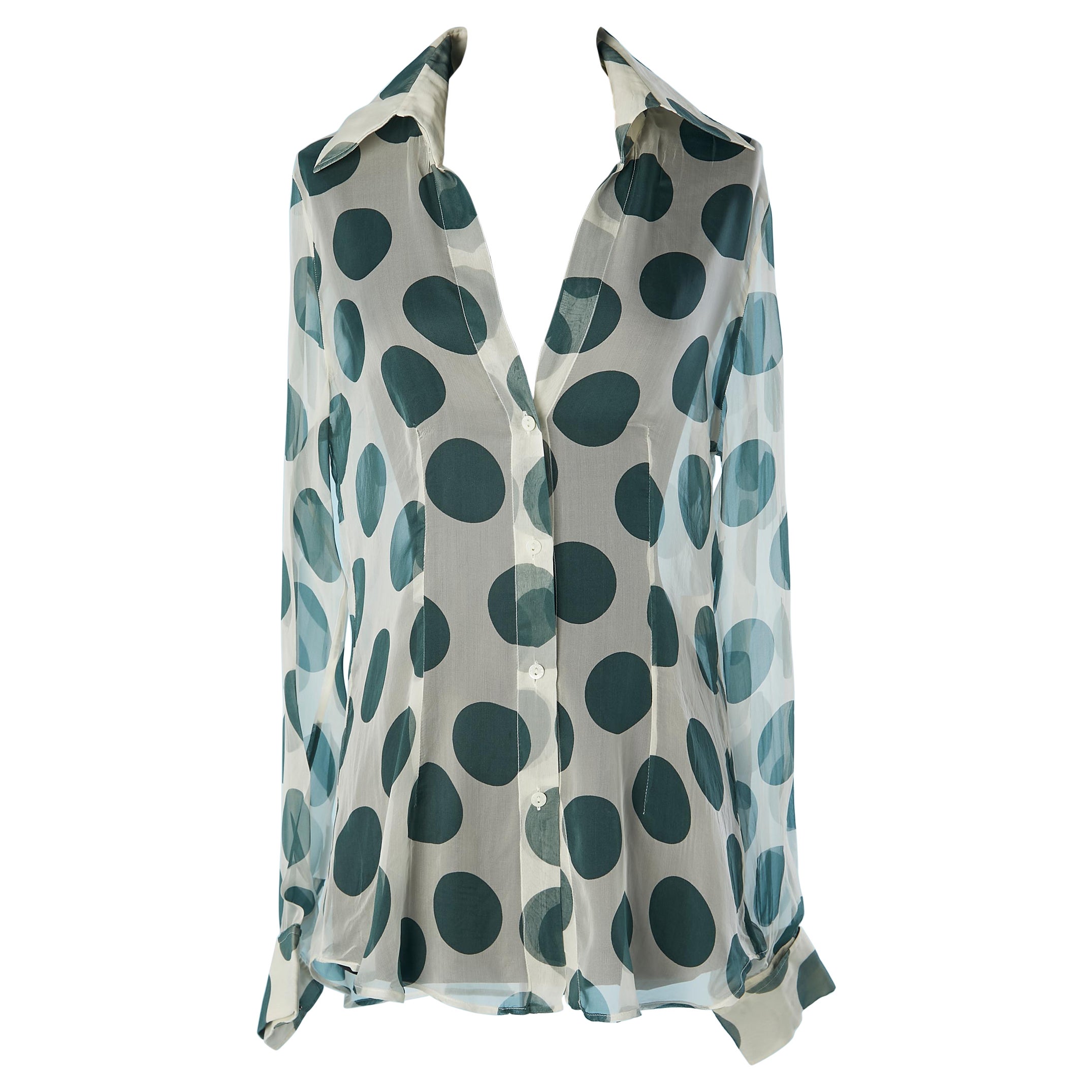 See-through silk chiffon shirt with green Polka dots print Dolce &Gabbana For Sale