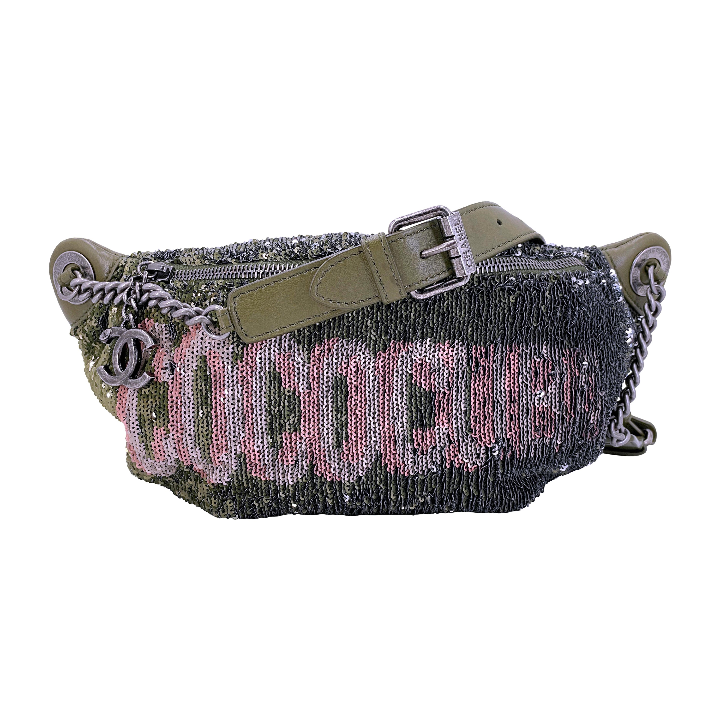 Chanel 17C Khaki Green Pink Sequin Coco Cuba Bum Belt Bag Fanny
