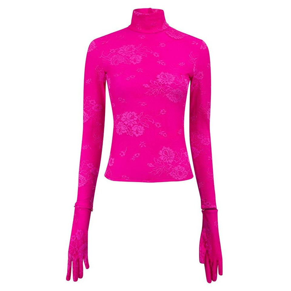 Hot Pink Lace Removable Gloves Mock Neck Top Size S For Sale