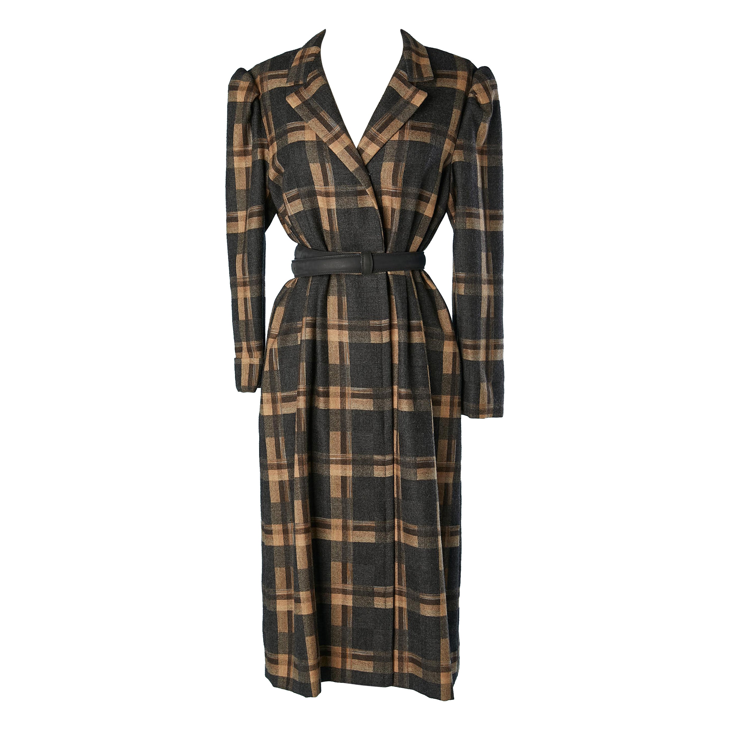 Wool tartan dress-coat  with leather belt GALANOS for Neiman Marcus 
