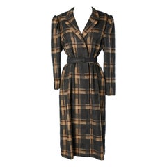 Vintage Wool tartan dress-coat  with leather belt GALANOS for Neiman Marcus 