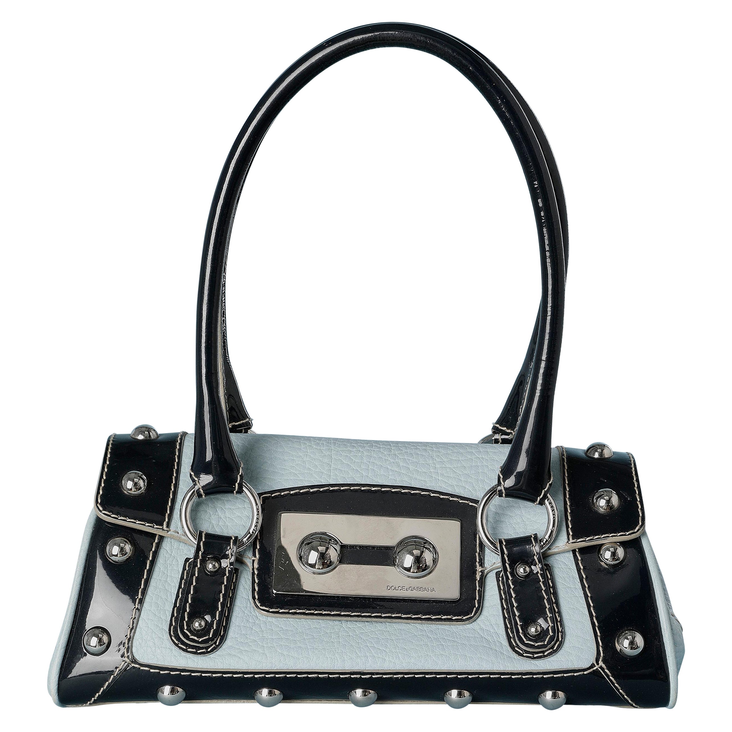 Structured hand bag in black patent leather and blue leather Dolce & Gabbana  For Sale