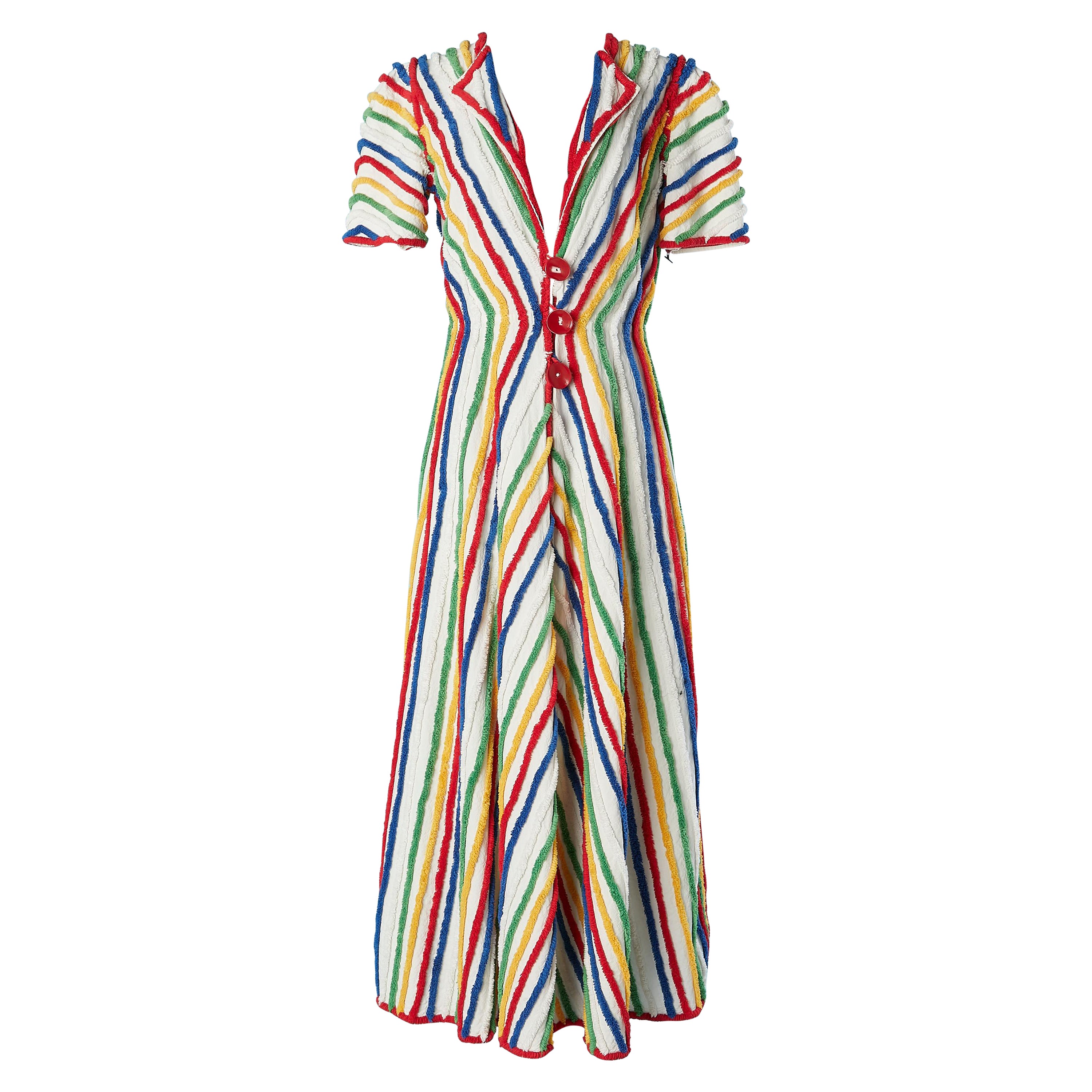 Beach Robe in white cotton and multicolor fringes stripes Circa 1930's/40's For Sale
