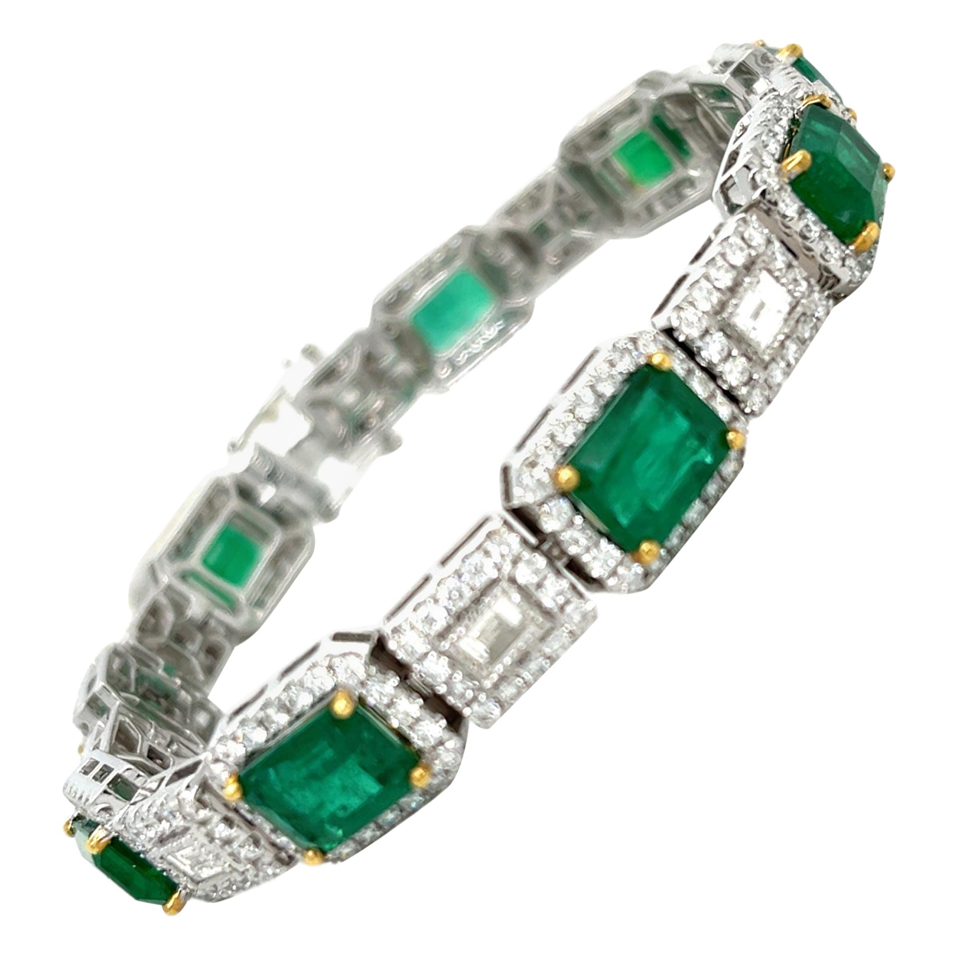 Natural Zambian Emerald and Diamond Bracelet in 18KWY Gold For Sale