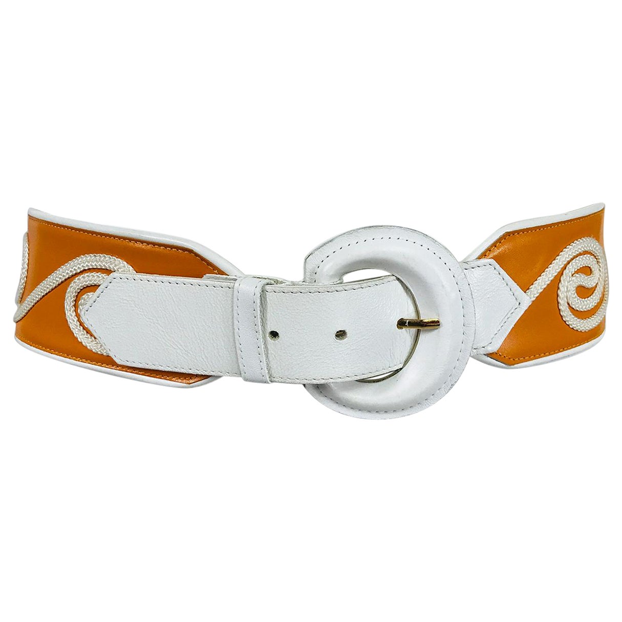  Christian Dior White & Golden Yellow Cord Applique Wide Leather Belt M-L 1990s For Sale