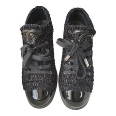 Chanel Black Navy Blue Shimmery Tweed Patent Leather Cap Toe Sneakers 