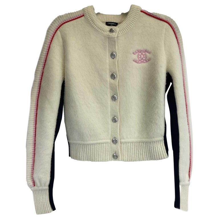 Chanel 21-22FW Varsity Sweater Jacket - Ivory Pink CC / Racer Trim - 34 US  2 at 1stDibs