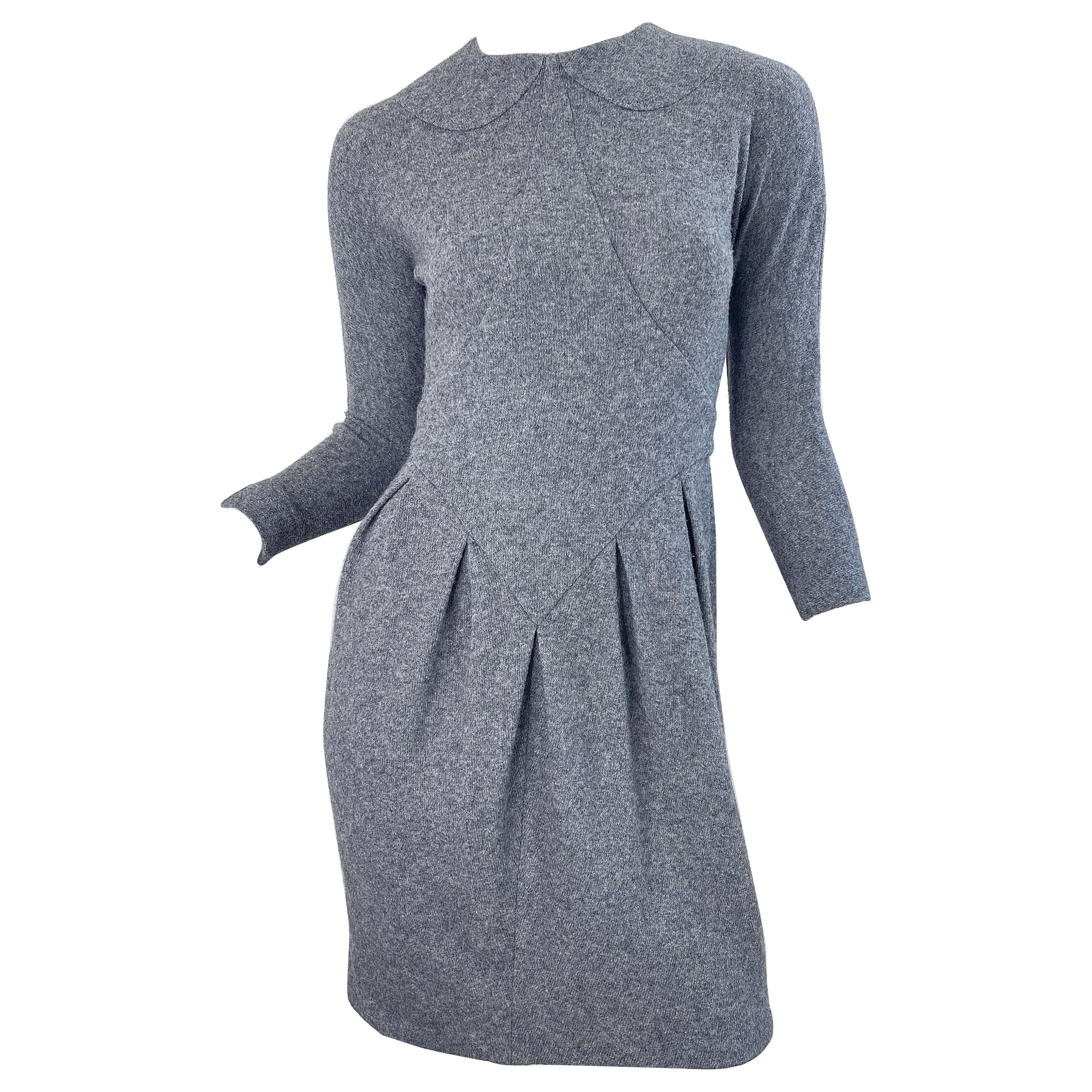 1990s Geoffrey Beene Grey Wool Long Sleeve Vintage 90s Gray Dress For Sale