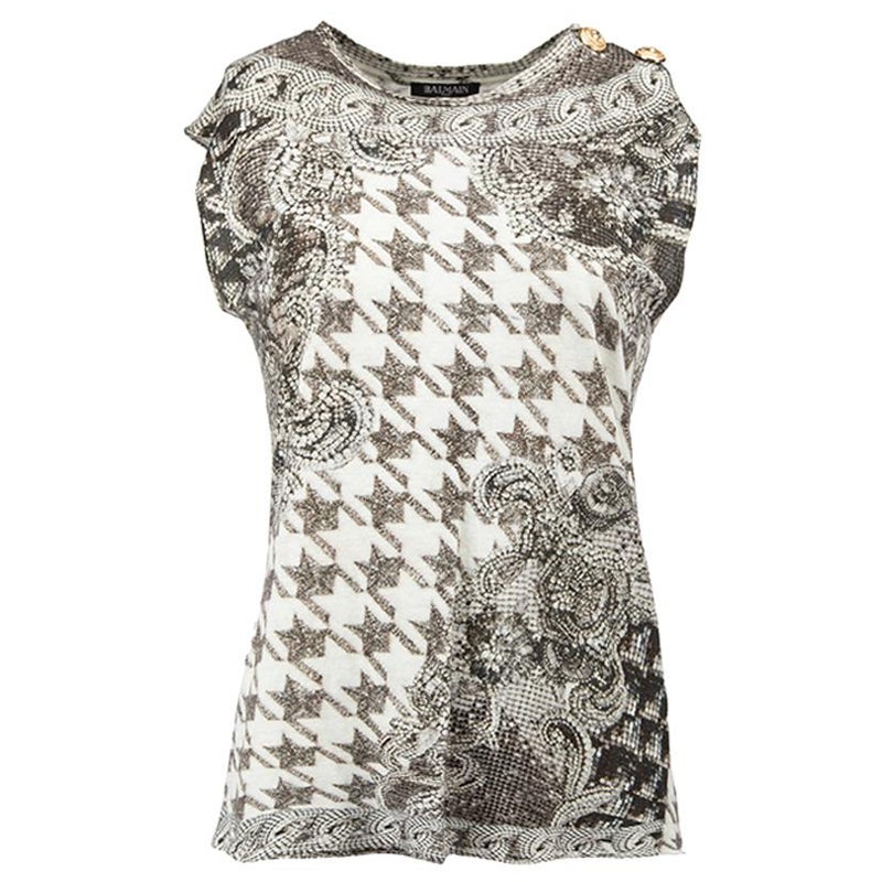 Grey Houndstooth & Jewel Print Top Size S For Sale
