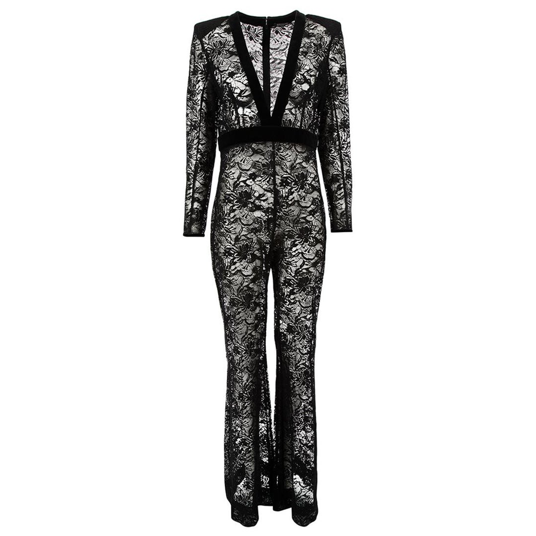 Black Lace Sheer Flared Jumpsuit Size XL For Sale