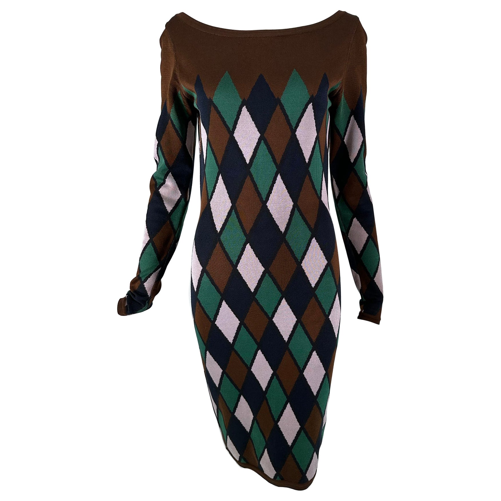 Azzedine Alaia Rare Fall 1992 Brown & Green Argyle Knit Body Con Dress Medium For Sale