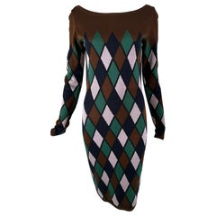 Azzedine Alaia Rare Fall 1992 Brown & Green Argyle Knit Body Con Dress Medium