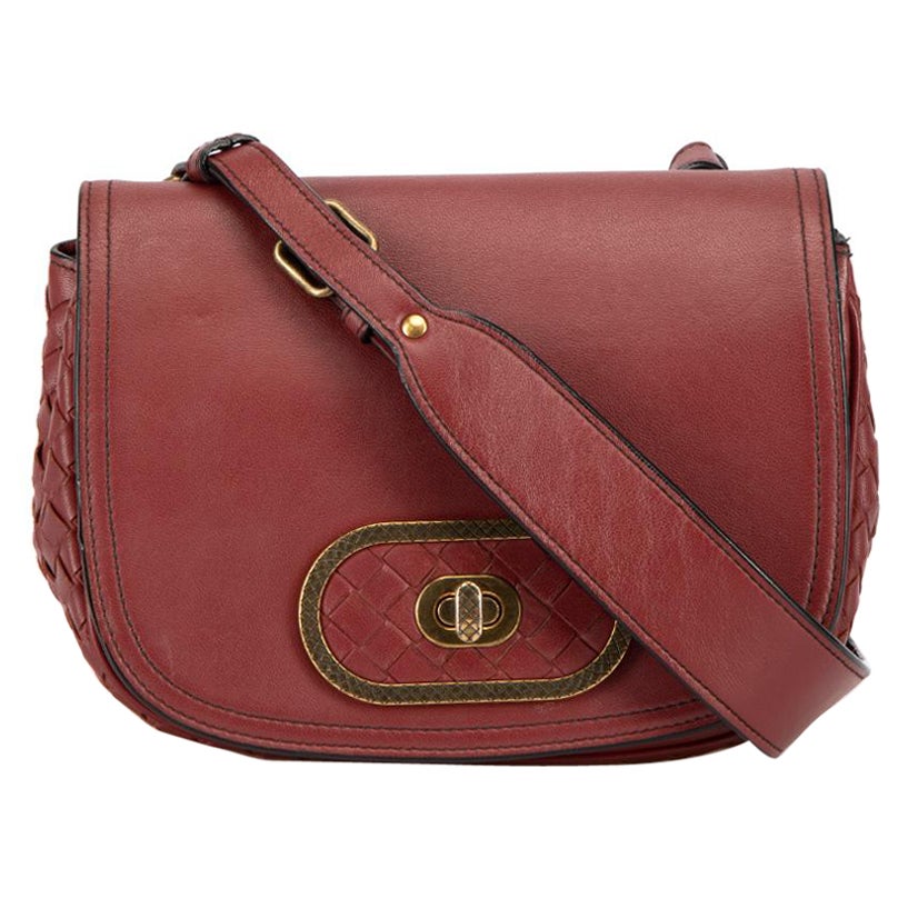 Bottega Veneta Women's Deep Red Leather Luna Intrecciato Crossbody Bag For Sale