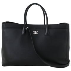 Chanel Black Leather Cerf Tote- XL with Silver HW at 1stDibs