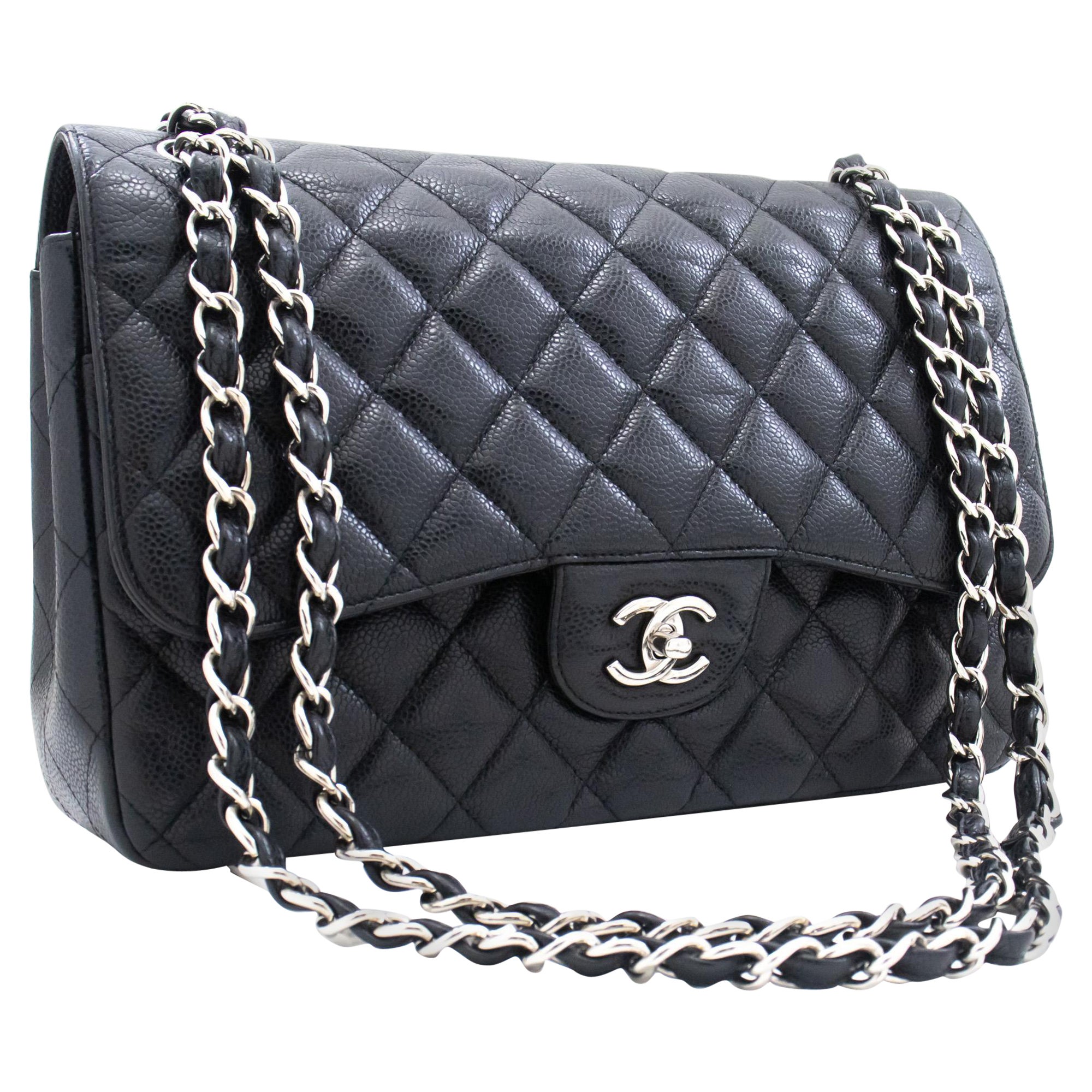 CHANEL Grained Calfskin Large Chain Shoulder Bag W Flap SV Classic For Sale
