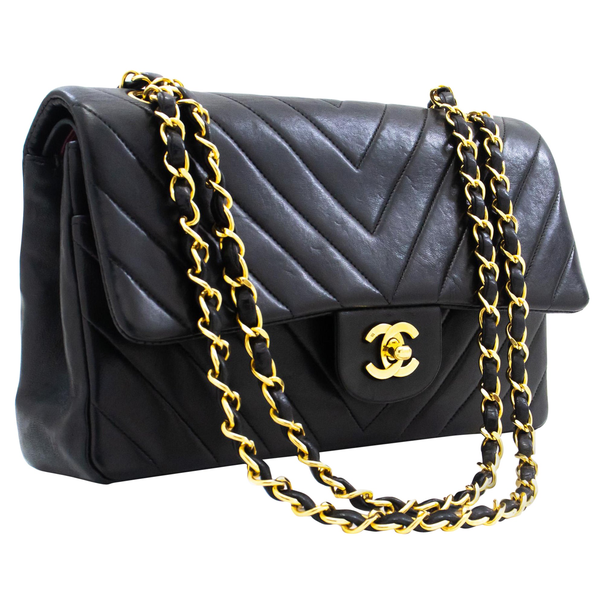 CHANEL V-Stitch Double Flap Medium Chain handbag Black Lamb For