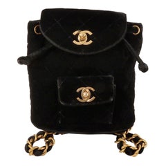 Vintage Chanel Around 1995 Made Double Turn-Lock Velour Backpack Mini Black