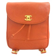 Vintage Chanel Around 1997 Made Caviar Skin Turn-Lock Backpack Orange