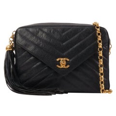Chanel 1992 Made Caviar Skin Chevron Stitch Turn-Lock Fringe Bijoux Chain Bag