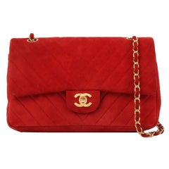 Chanel Um 1990 gemacht Wildleder V Stitch Classic Klappe Kette Tasche 25Cm Rot