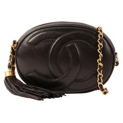 Chanel Around 1990 Made Big CC Mark Stitch Fringe Mini Chain Bag Black