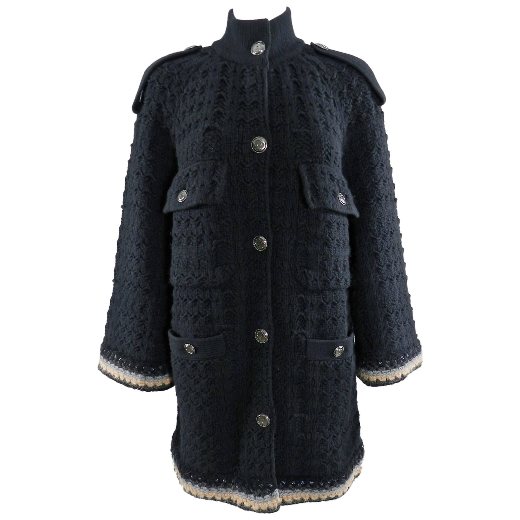 Chanel 13B Black Cashmere Chunky Knit Sweater Coat