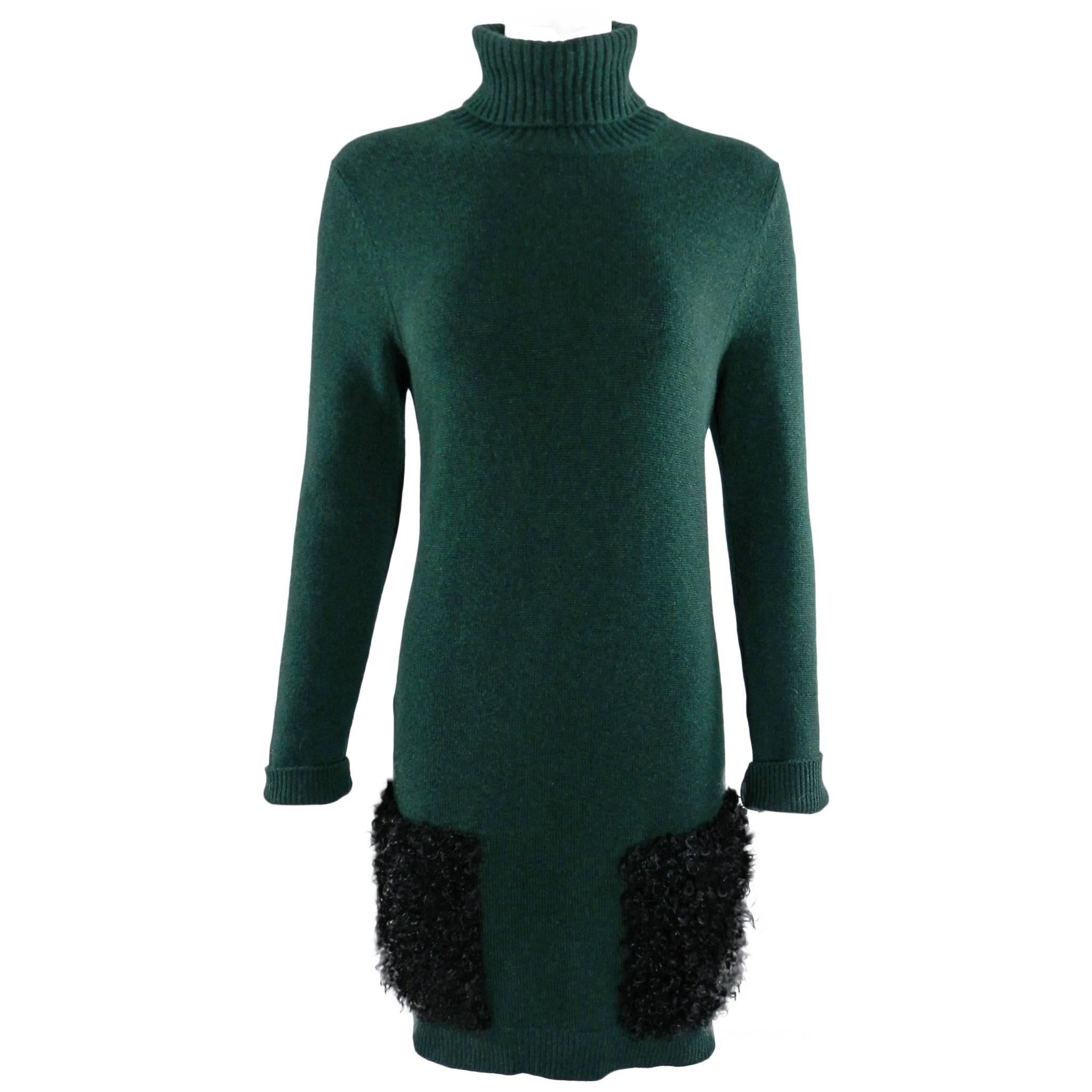 Louis Vuitton Pre-Fall 2014 Green Cashmere Sweater Dress with Lamb Fur Trim