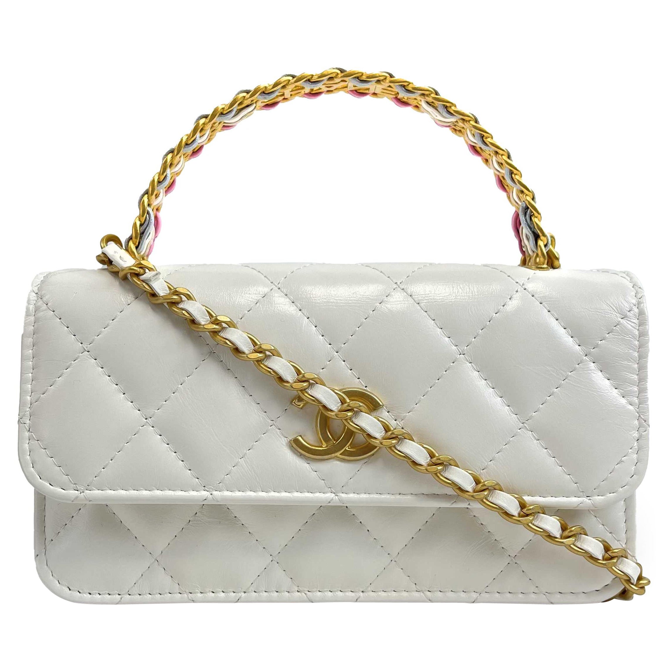 CHANEL - Phone Holder Quilted White Lambskin CC ‘CHANEL’ Top Handle / Crossbody