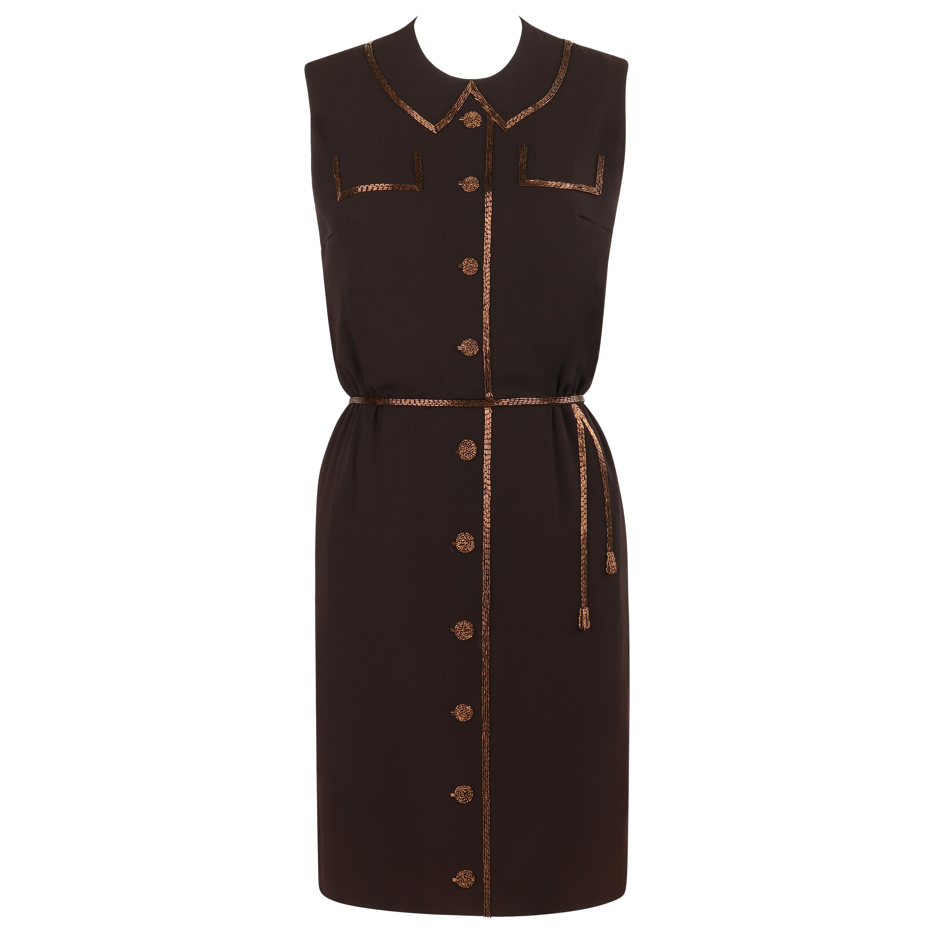 ROBBIE BEE c.1940's Vtg Brown Copper Hand Beaded Accent Trompe-L'oeil Day Dress For Sale
