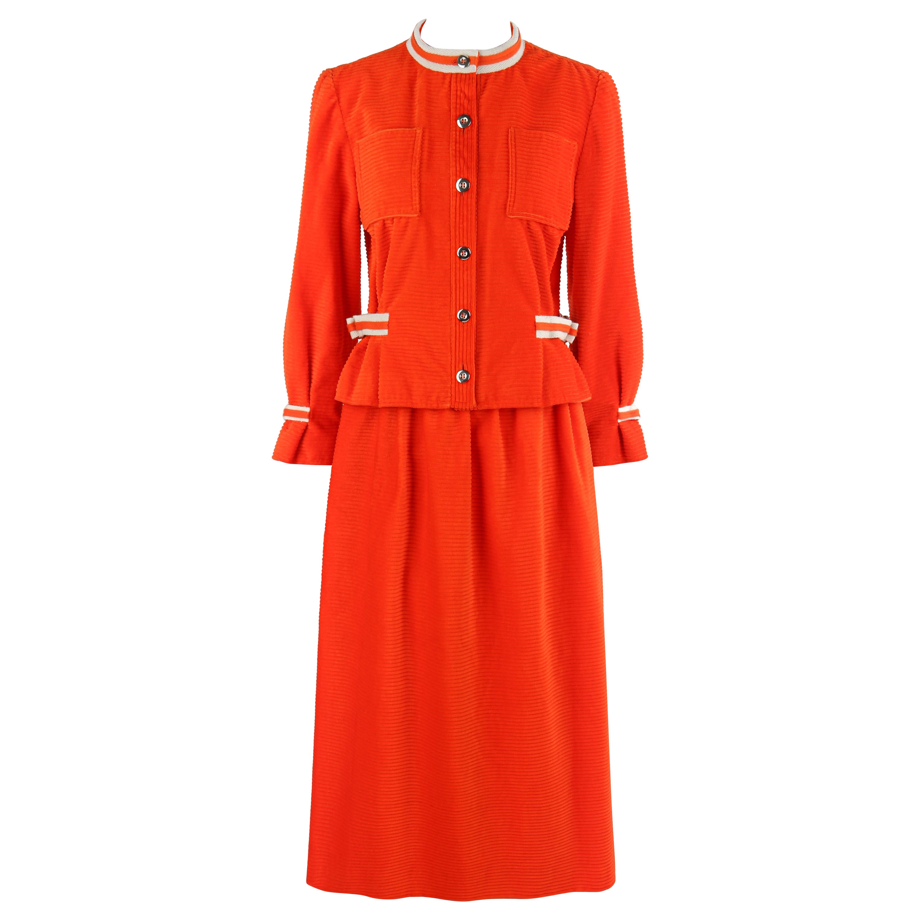 COURREGES c.1970's Orange Corduroy Button Up Jacket Blazer Skirt Suit Set w/Tags For Sale