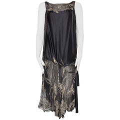 1920S Black Silk Chiffon & Charmeuse Cocktail Dress With Floral Metallic Lame E