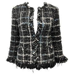 CHANEL – Vintage-Blazer aus ausgefranstem Tweed ohne Kragen – CC mit Knöpfen, 40 US 8