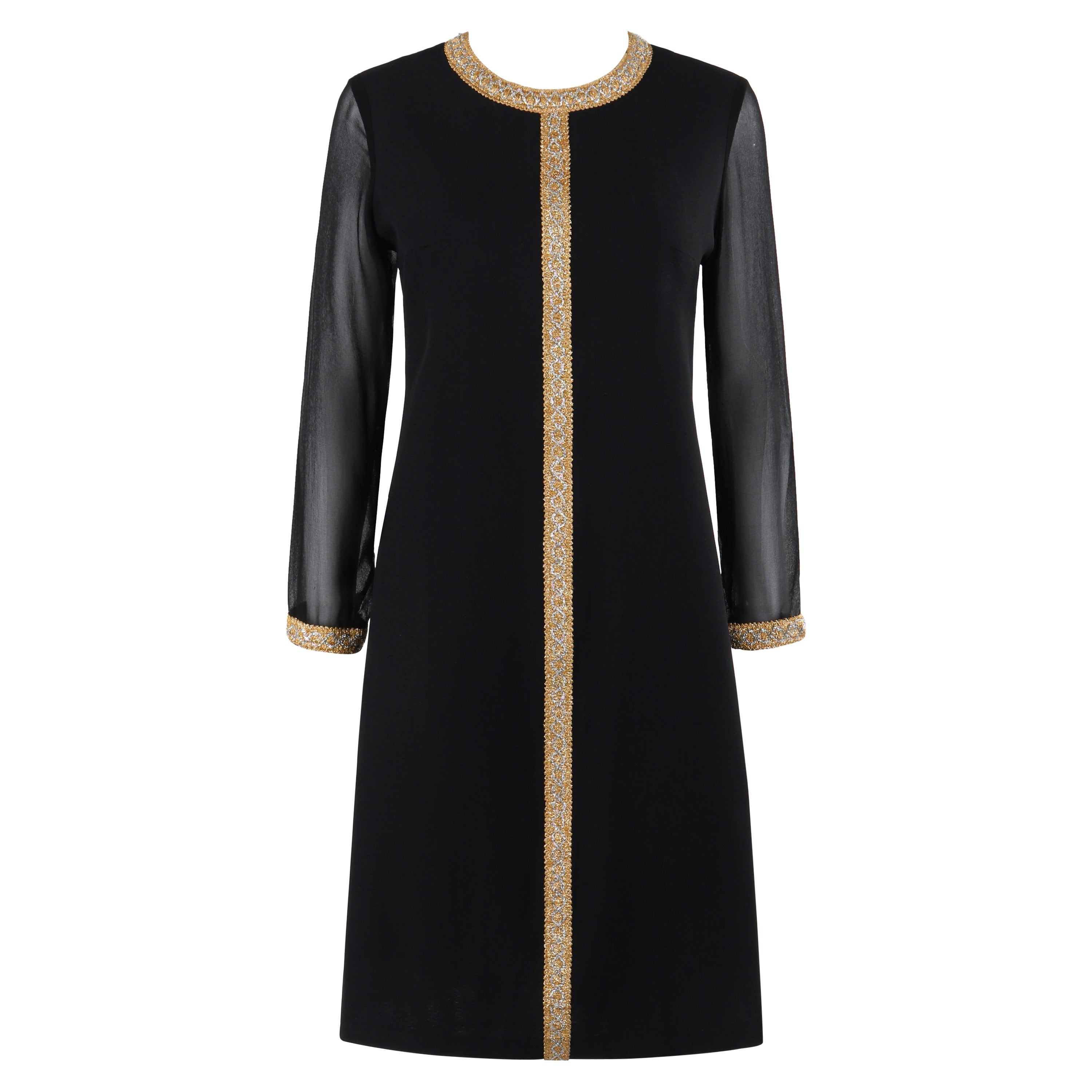 GLORIA SWANSON Puritan Forever Young ca. 1960er Schwarz-goldenes Kleid mit durchsichtigen Ärmeln im Angebot